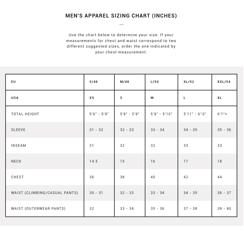 lasportiva apparel sizechart